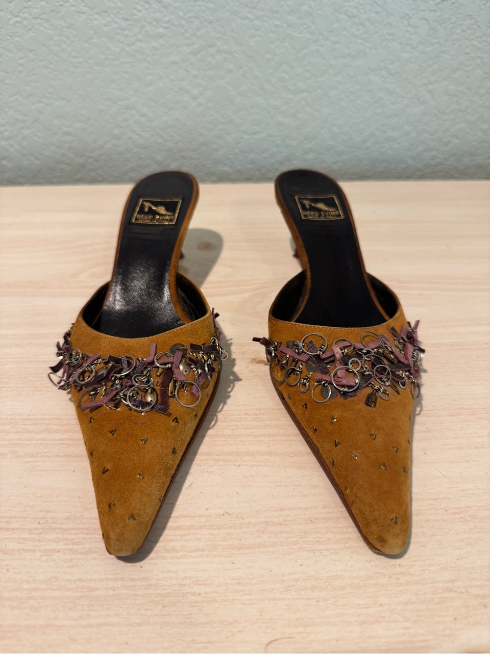 Reed Evins Mustard Brown Suede Pointed Toe Mules with Metallic Ring Trim